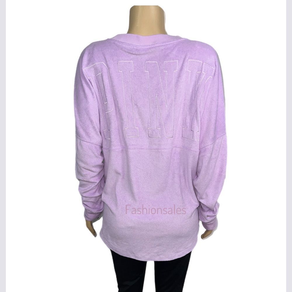Victorias Secret Pink Varsity Terry Cloth V Neck Oversized Pullover petal purple - Picture 7 of 8